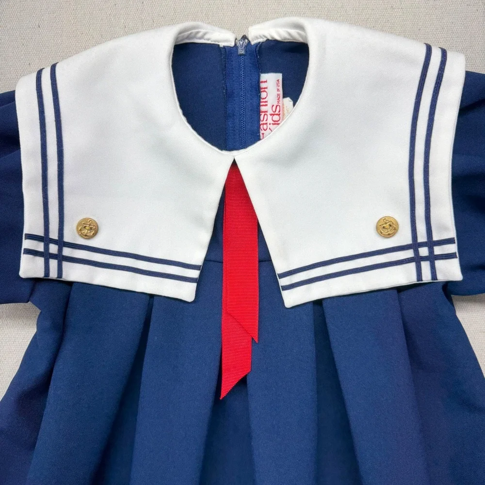 Vintage Kids Navy Blue Sailor Dress White Collar Nautical Pleated 4T Dress Up